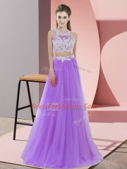 Most Popular Floor Length Lavender Quinceanera Court Dresses Tulle Sleeveless Lace