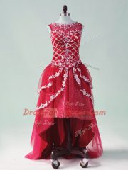 Exceptional Wine Red A-line Scoop Sleeveless Tulle High Low Zipper Beading and Appliques Prom Evening Gown