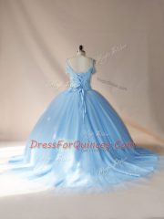 Gorgeous Blue and Light Blue Ball Gowns Beading Quinceanera Dresses Lace Up Tulle Sleeveless