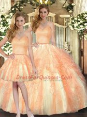 Orange Three Pieces Beading and Ruffles 15 Quinceanera Dress Lace Up Organza Sleeveless Floor Length