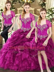 New Arrival Fuchsia Lace Up Sweetheart Beading and Ruffles and Pick Ups 15th Birthday Dress Organza Sleeveless