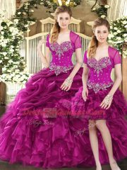 New Arrival Fuchsia Lace Up Sweetheart Beading and Ruffles and Pick Ups 15th Birthday Dress Organza Sleeveless