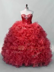 Fashion Sweetheart Sleeveless Quince Ball Gowns Floor Length Sequins Red Organza