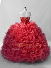 Fashion Sweetheart Sleeveless Quince Ball Gowns Floor Length Sequins Red Organza