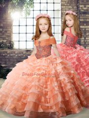 Orange Lace Up Pageant Dress Womens Beading and Ruffled Layers Long Sleeves Brush Train