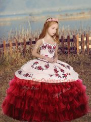 Red Long Sleeves Floor Length Embroidery and Ruffled Layers Lace Up Kids Formal Wear