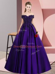High Class Purple Satin Zipper Off The Shoulder Sleeveless Floor Length 15th Birthday Dress Lace