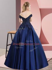 High Class Purple Satin Zipper Off The Shoulder Sleeveless Floor Length 15th Birthday Dress Lace