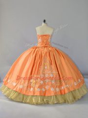 Pretty Orange Satin and Organza Lace Up Sweetheart Sleeveless Floor Length Vestidos de Quinceanera Embroidery and Ruffled Layers