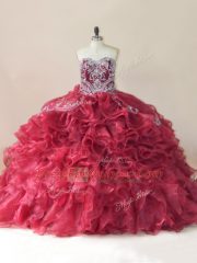 Modern Wine Red Sleeveless Brush Train Beading and Appliques and Ruffles Ball Gown Prom Dress