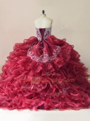 Modern Wine Red Sleeveless Brush Train Beading and Appliques and Ruffles Ball Gown Prom Dress