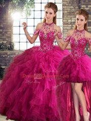Fuchsia Tulle Lace Up Sweet 16 Dresses Sleeveless Floor Length Beading and Ruffles