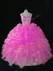 Shining Hot Pink Zipper Straps Beading and Ruffles and Pick Ups Sweet 16 Dresses Organza Sleeveless