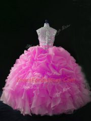 Shining Hot Pink Zipper Straps Beading and Ruffles and Pick Ups Sweet 16 Dresses Organza Sleeveless
