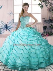 Romantic Sweetheart Sleeveless Organza Sweet 16 Quinceanera Dress Beading and Ruffled Layers Brush Train Lace Up