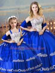 Superior Royal Blue Ball Gowns Satin Sweetheart Sleeveless Beading and Embroidery Floor Length Lace Up Quince Ball Gowns