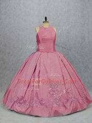 Sleeveless Floor Length Embroidery Zipper 15th Birthday Dress with Pink