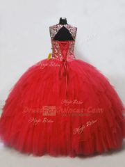 Red Lace Up Straps Beading and Ruffles Quinceanera Gown Tulle Sleeveless