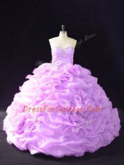 Elegant Lavender Ball Gowns Sweetheart Sleeveless Organza Court Train Lace Up Beading and Pick Ups and Hand Made Flower Quince Ball Gowns
