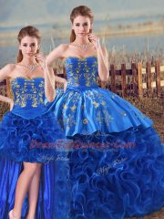 Sleeveless Fabric With Rolling Flowers Floor Length Lace Up 15th Birthday Dress in Royal Blue with Embroidery and Ruffles