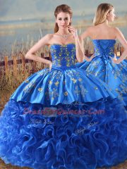 Sleeveless Fabric With Rolling Flowers Floor Length Lace Up 15th Birthday Dress in Royal Blue with Embroidery and Ruffles
