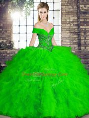 Custom Design Floor Length Lace Up Sweet 16 Dress Green for Military Ball and Sweet 16 and Quinceanera with Beading and Ruffles