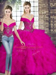 Fuchsia Off The Shoulder Lace Up Beading and Ruffles Quince Ball Gowns Sleeveless