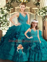 Glamorous Teal Sleeveless Brush Train Ruffles 15 Quinceanera Dress