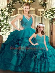 Glamorous Teal Sleeveless Brush Train Ruffles 15 Quinceanera Dress