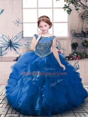 Sleeveless Organza Floor Length Zipper Little Girl Pageant Gowns in Blue with Beading and Ruffles