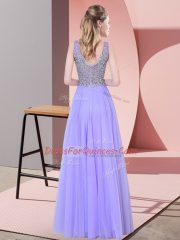Pretty Lavender Sleeveless Beading Floor Length Evening Dress