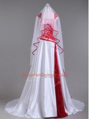 Modern White And Red Strapless Lace Up Lace and Appliques Party Dress Wholesale Court Train Cap Sleeves