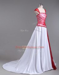 Modern White And Red Strapless Lace Up Lace and Appliques Party Dress Wholesale Court Train Cap Sleeves