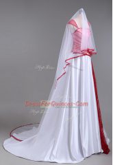 Modern White And Red Strapless Lace Up Lace and Appliques Party Dress Wholesale Court Train Cap Sleeves
