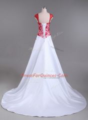 Modern White And Red Strapless Lace Up Lace and Appliques Party Dress Wholesale Court Train Cap Sleeves