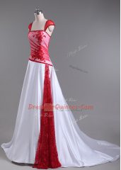 Modern White And Red Strapless Lace Up Lace and Appliques Party Dress Wholesale Court Train Cap Sleeves