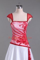 Modern White And Red Strapless Lace Up Lace and Appliques Party Dress Wholesale Court Train Cap Sleeves