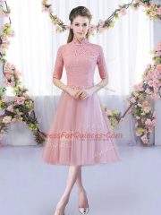 A-line Vestidos de Damas Pink High-neck Tulle Half Sleeves Tea Length Zipper
