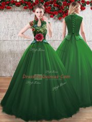 Attractive Sleeveless Floor Length Hand Made Flower Lace Up Quinceanera Dress with Green