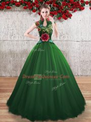 Attractive Sleeveless Floor Length Hand Made Flower Lace Up Quinceanera Dress with Green