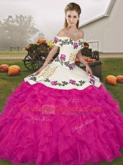 Fuchsia Off The Shoulder Lace Up Embroidery and Ruffles Vestidos de Quinceanera Sleeveless