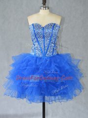 Blue Lace Up Sweetheart Beading and Ruffles Prom Gown Organza Sleeveless