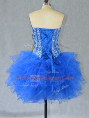 Blue Lace Up Sweetheart Beading and Ruffles Prom Gown Organza Sleeveless