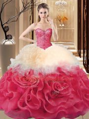 Sumptuous Beading and Ruffles 15th Birthday Dress Red Lace Up Sleeveless Floor Length