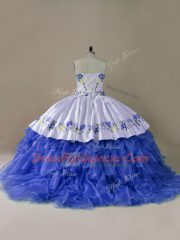 Inexpensive Blue And White 15th Birthday Dress Sweetheart Sleeveless Brush Train Lace Up