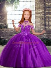 Fancy Tulle High-neck Sleeveless Lace Up Beading Little Girls Pageant Dress Wholesale in Purple