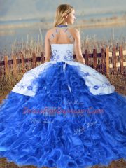 Purple Sleeveless Court Train Embroidery and Ruffles Floor Length Sweet 16 Dresses