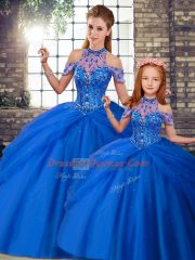 Designer Blue Ball Gowns Beading and Pick Ups Sweet 16 Quinceanera Dress Lace Up Tulle Sleeveless