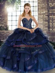 Navy Blue Ball Gowns Tulle Sweetheart Sleeveless Beading and Ruffles Floor Length Lace Up 15th Birthday Dress