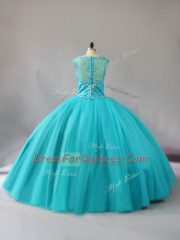 Fabulous Aqua Blue Zipper Quince Ball Gowns Beading Sleeveless Floor Length